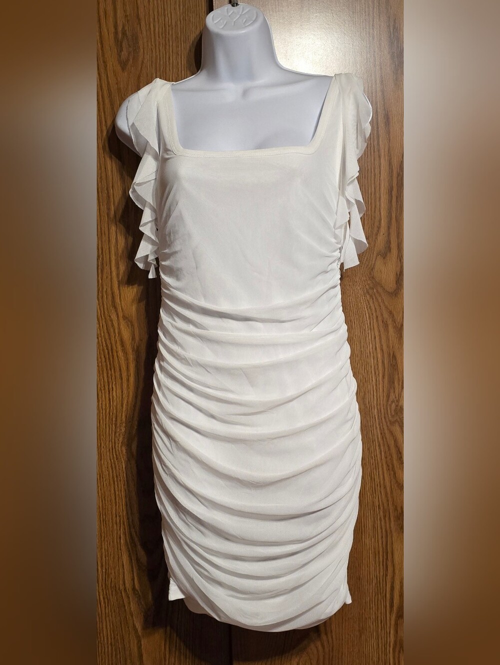 White Ruched Midi Dress with Ruffle Shoulders